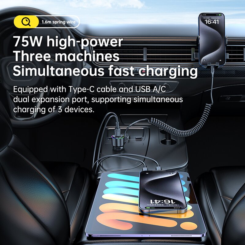 75W USB Car Charger Manufacturer - Type C Fast Charging PD with 45W Spring Wire Portable Travel