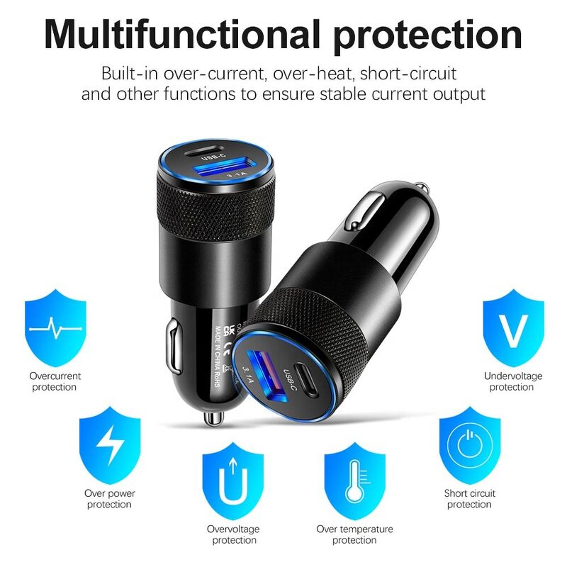 3.1A USB Car Charger Manufacturer - QC3.0 Type C PD Fast Charging Dual Port Power Adapter for Mobile Phone