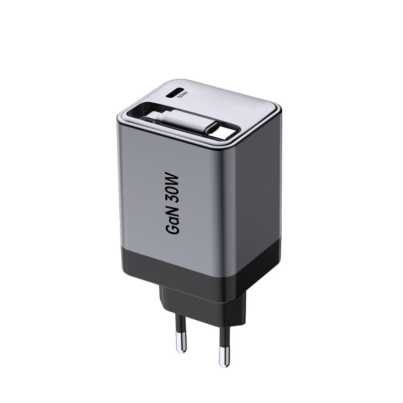 30W GaN Wall Charger Manufacturer - UK Type C Fast Charging with Retractable Cable Multi-Phone Station for Earphones
