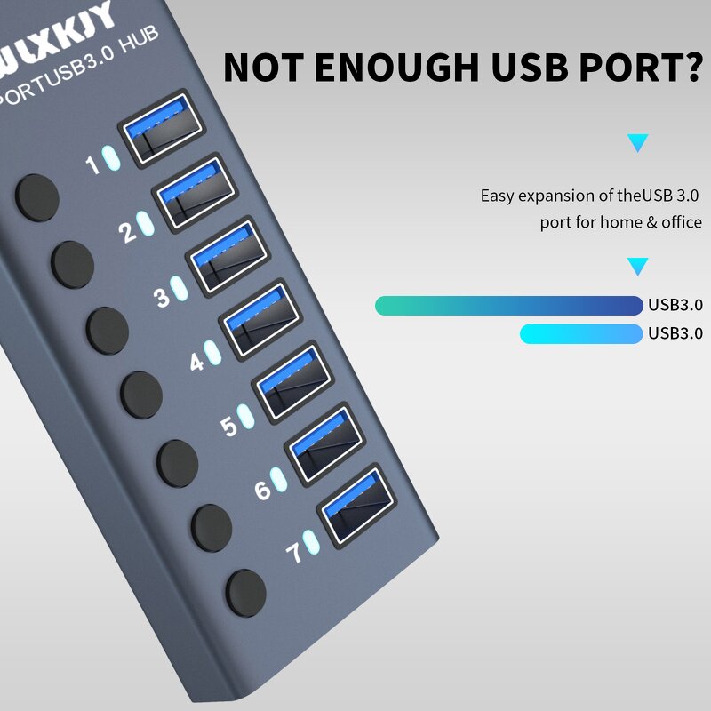 7-Port USB 3.0 Aluminum Hub Adapter Manufacturer - Individual On/Off Switch DC12V/3A Power Supply 5Gbps Data Transfer