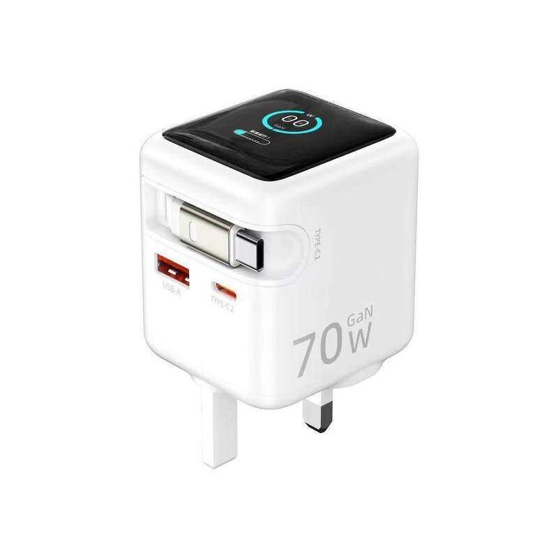 70W GaN Power Adapter Manufacturer - USB-C USB-A QC PD Charger Cube with TFT Display Retractable Cable & OTP Protection