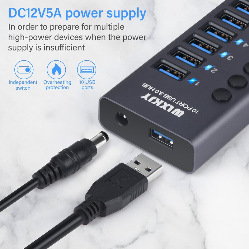10-Port USB 3.0 Hub Manufacturer - Super Speed 5Gbps 60W Aluminum Adapter for Data Transfer & Charging