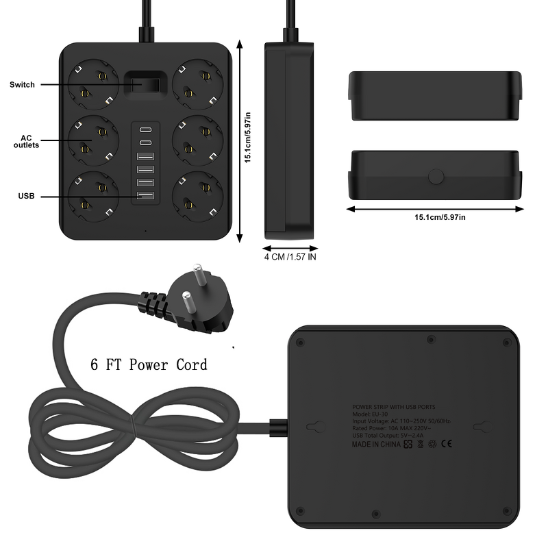 EU Travel Power Strip Manufacturer - 6-Socket 2500W with 4-USB 2 Type-C Overload Protection 1.8m Line CE Certified for Laptop Camera