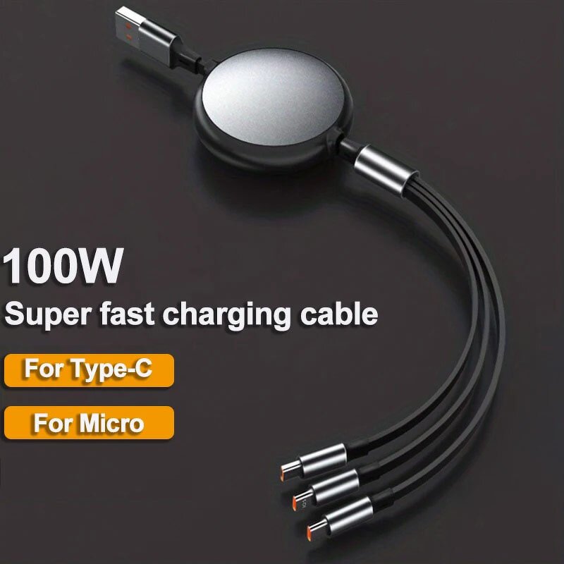 100W Fast Charging Aluminum Cable Manufacturer - 1-to-3 Retractable 2*Type C+Micro-USB Supported Data Transfer for Phones