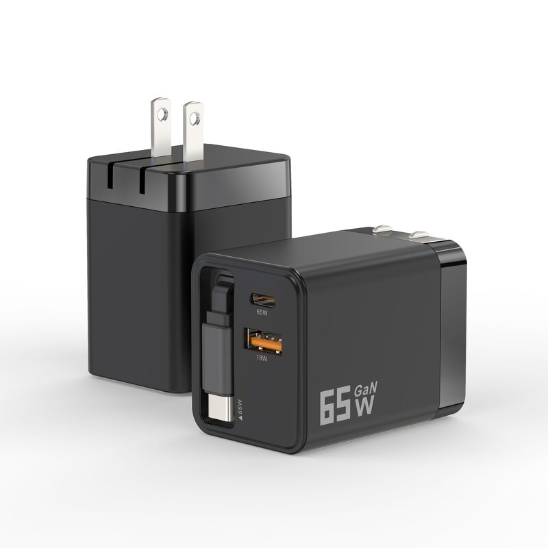 65W GaN Wall Charger Manufacturer - Dual USB & USB-C Ports with Retractable Type-C Cable