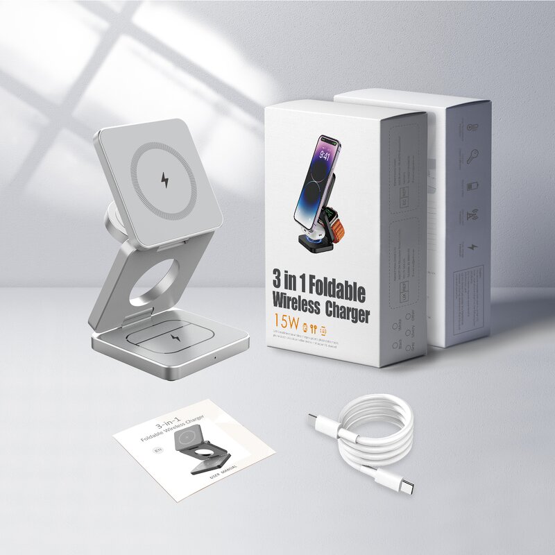 15W Magnetic Folding Wireless Charger Manufacturer - 3 in 1 Fast Charge for iPhone Watch AirPods Samsung Galaxy Buds