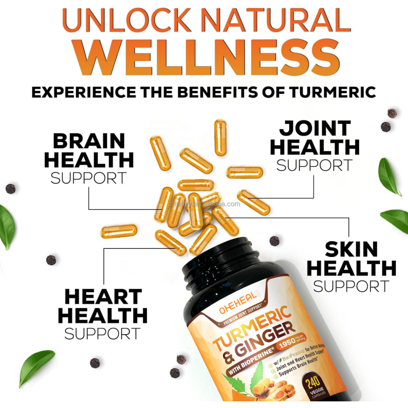 Organic Turmeric Capsules Ginger Supplement 95% Curcuminoids Capsules Non-GMO Black Pepper Absorption Joint Turmeric Capsules
