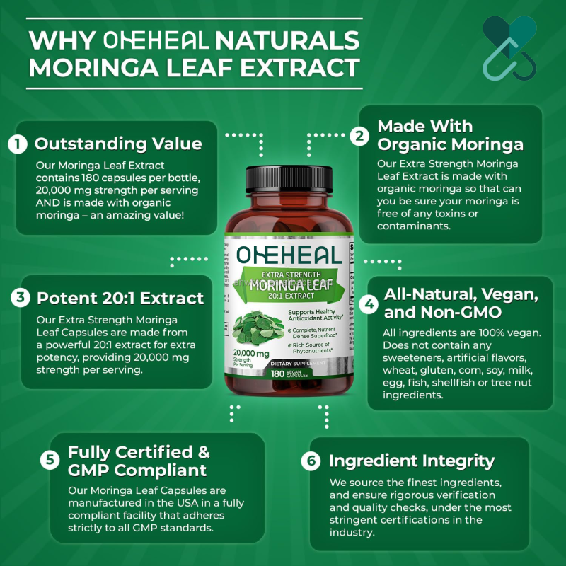 Moringa Leaf Capsules 100% Pure Organic Moringa 20:1 Extract Vegan Capsules Moringa Leaf Herbal Supplements