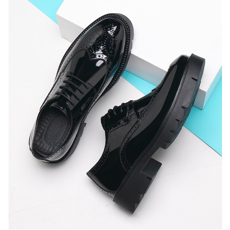 Men's Casual Business Leather Shoes Manufacturer - Shiny Brocade Engraved Lace-up Patent Leather Upper Platform Waterproof Office