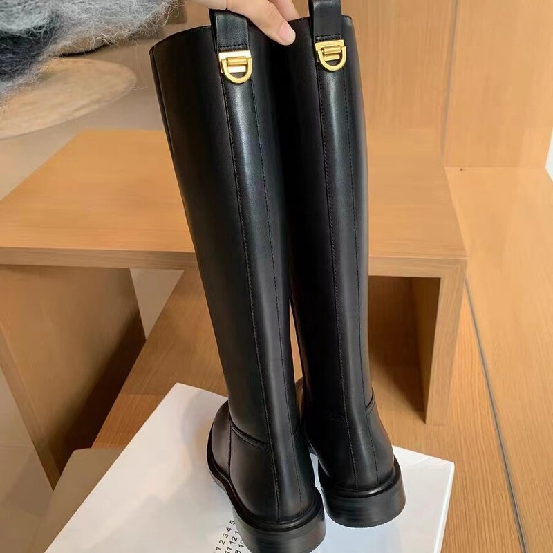 Women's Cowhide Boots Manufacturer - High-end with Thick Heels Leather Lining Zipper Plain Weave Knight Design for Summer Autumn