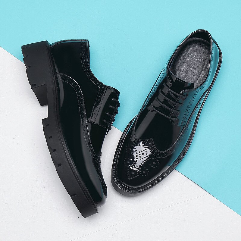 Men's Casual Business Leather Shoes Manufacturer - Shiny Brocade Engraved Lace-up Patent Leather Upper Platform Waterproof Office