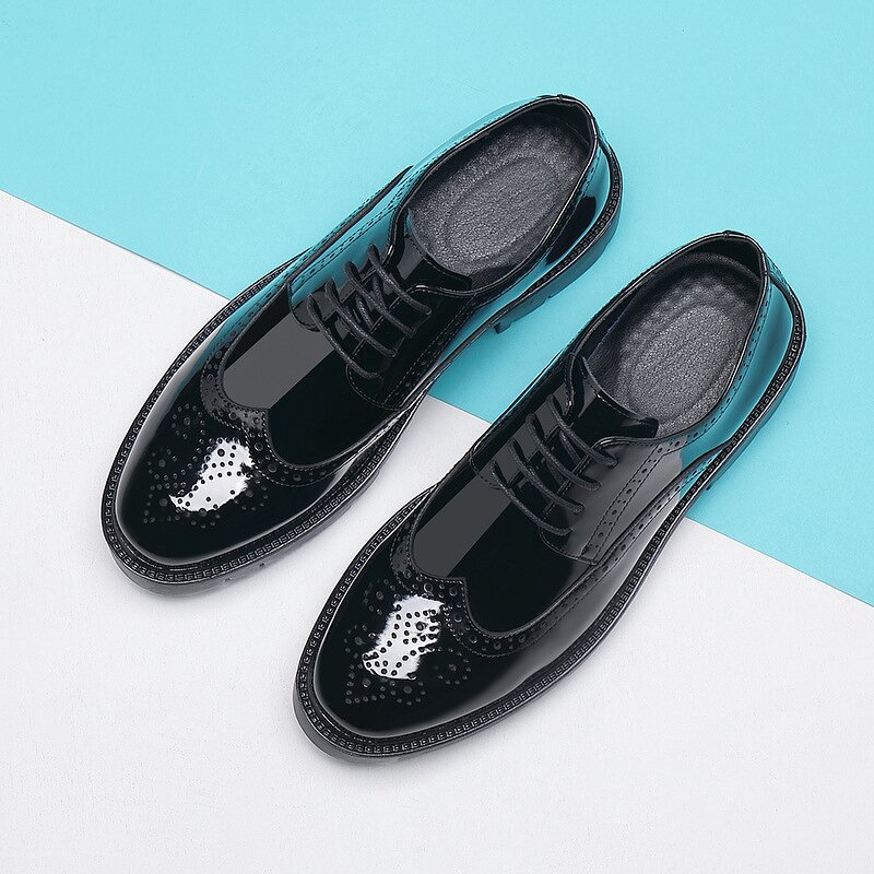 Men's Casual Business Leather Shoes Manufacturer - Shiny Brocade Engraved Lace-up Patent Leather Upper Platform Waterproof Office