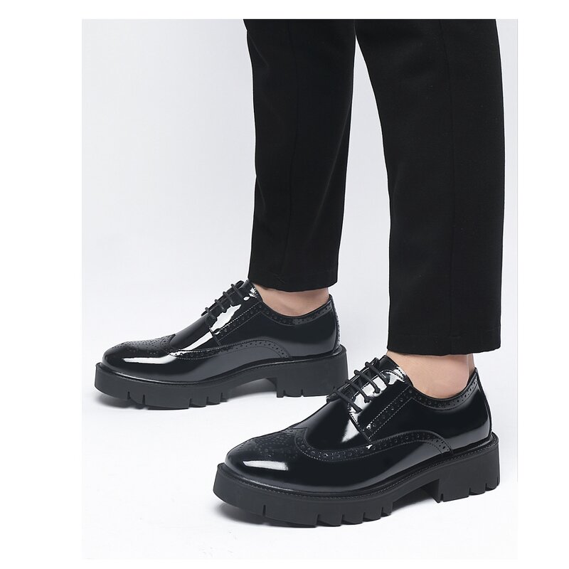 Men's Casual Business Leather Shoes Manufacturer - Shiny Brocade Engraved Lace-up Patent Leather Upper Platform Waterproof Office
