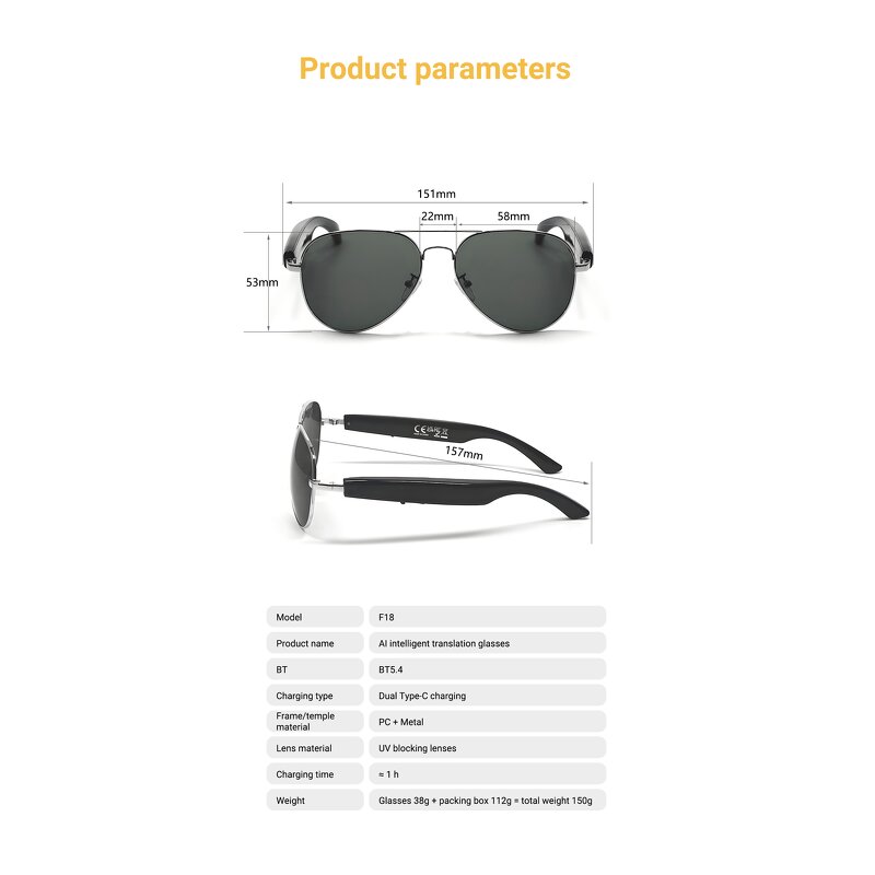AI Smart Glasses Manufacturer - F18 for Men Women Wireless BT Call IP65 Waterproof App Control Multiple Languages