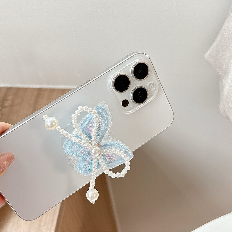Small Fresh Phone Holder Manufacturer - Pearl Butterfly Back Sticker Bow Tie Retractable Desktop Stable Support Frame