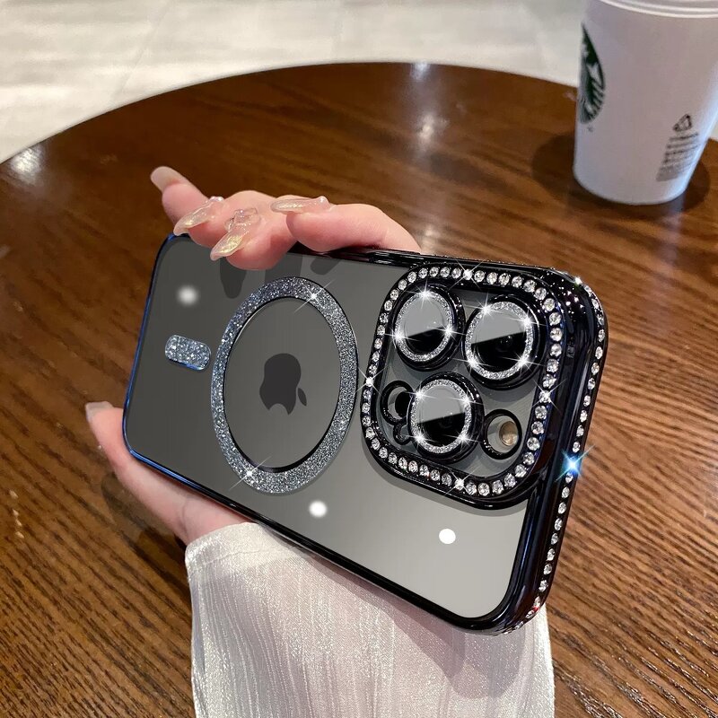 Clear Magnetic Phone Case Manufacturer - Luxury Glitter Diamond Plating TPU With Camera Lens Cover for iPhones 16 Pro Max 15/13/11