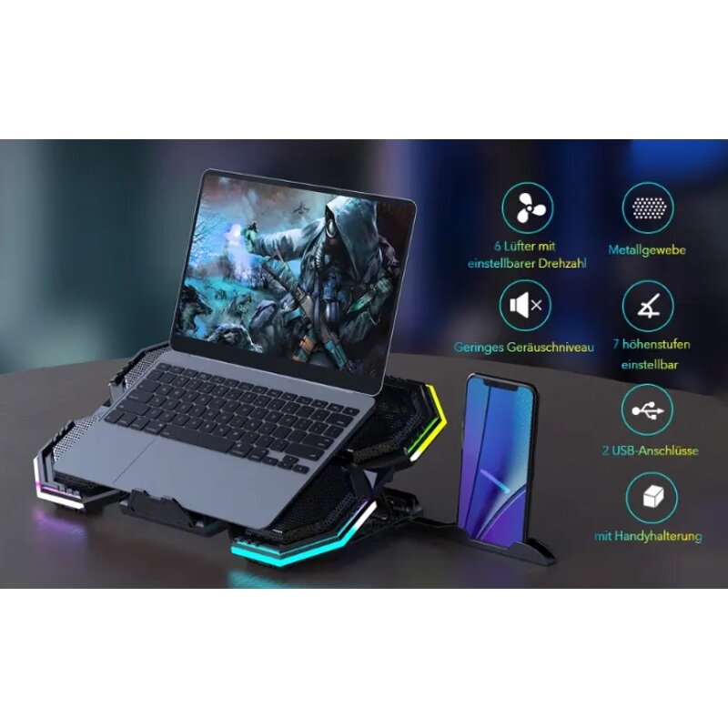 Notebook Cooler Manufacturer - Dropshipping Ergonomic 6 Fans Comfort Gaming Laptop Cooling Pad with Phone Holder