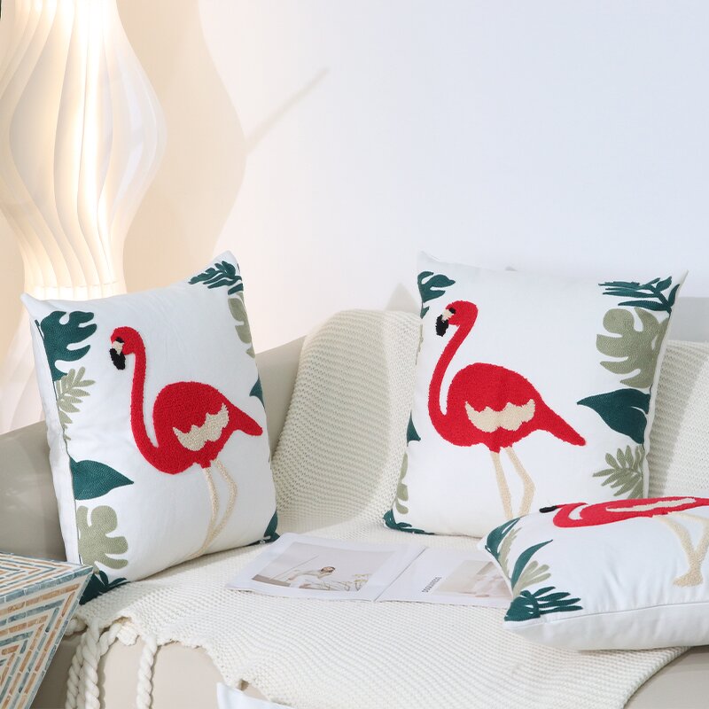 Pillow Cover Manufacturer - Pure Cotton Embroidered with American Flamingo Luxurious Square Sofa Cushion Living Room