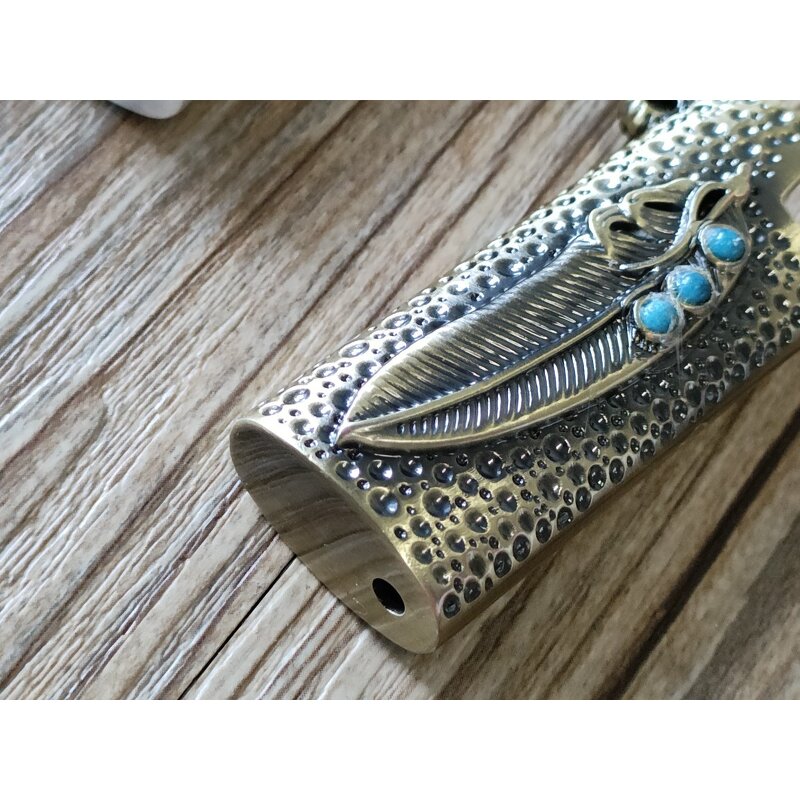 Lighter Case Manufacturer - Feather Pattern 3D Embossed with Turquoise Inlaid Protective Shell for J5 Lighters