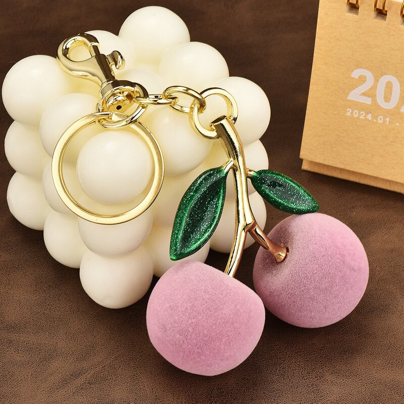 Keychain Manufacturer - Creative Plush Cherry Metal Pendant Double-Leaf Fruit Bag Ornament Flocking for Key Organizer
