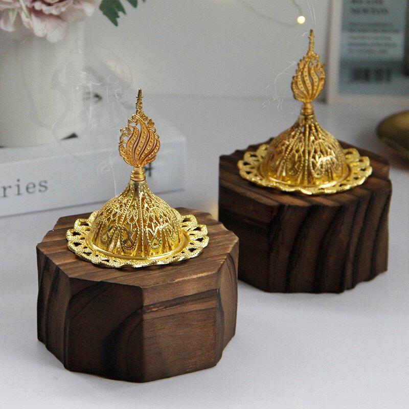 Aromatherapy Stove Manufacturer - Arabic Style Nordic Minimalist Octagon Wood Ramadan Incense Burner Gold Metal