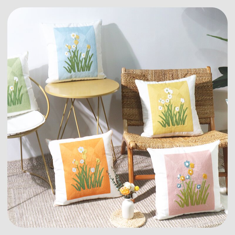 Sofa Pillow Manufacturer - Cute Pink Cotton Embroidered with Yellow Flower Fresh Countryside Style Decoration