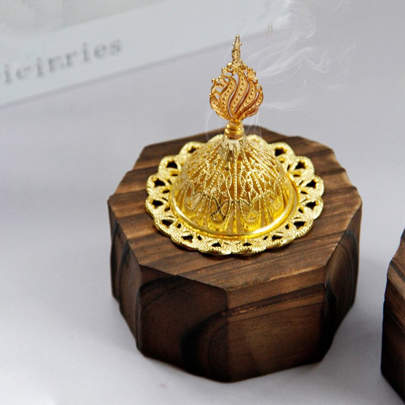Aromatherapy Stove Manufacturer - Arabic Style Nordic Minimalist Octagon Wood Ramadan Incense Burner Gold Metal