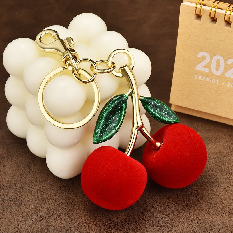 Keychain Manufacturer - Creative Plush Cherry Metal Pendant Double-Leaf Fruit Bag Ornament Flocking for Key Organizer