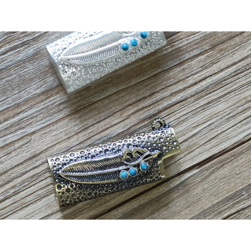 Lighter Case Manufacturer - Feather Pattern 3D Embossed with Turquoise Inlaid Protective Shell for J5 Lighters