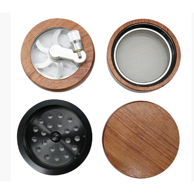 Herb Grinder Manufacturer - Wholesale 4-Layer 67mm Aluminum Alloy with New Wooden Hand Crank Cone Shape