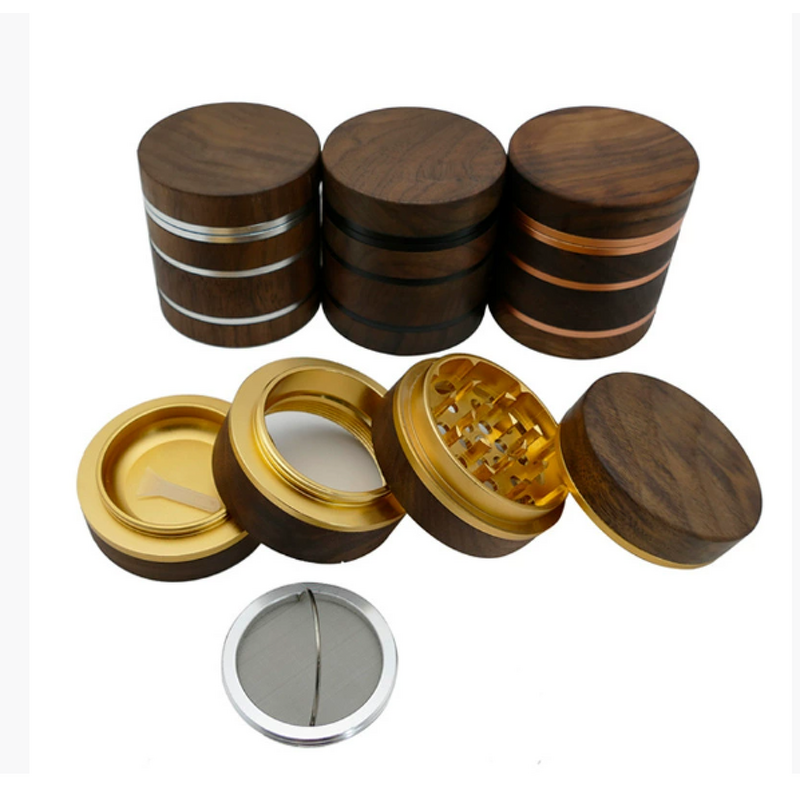 Tobacco Grinder Manufacturer - Modern 4-Layer with Walnut Wood and Aluminum Alloy 63 mm Cone Shape