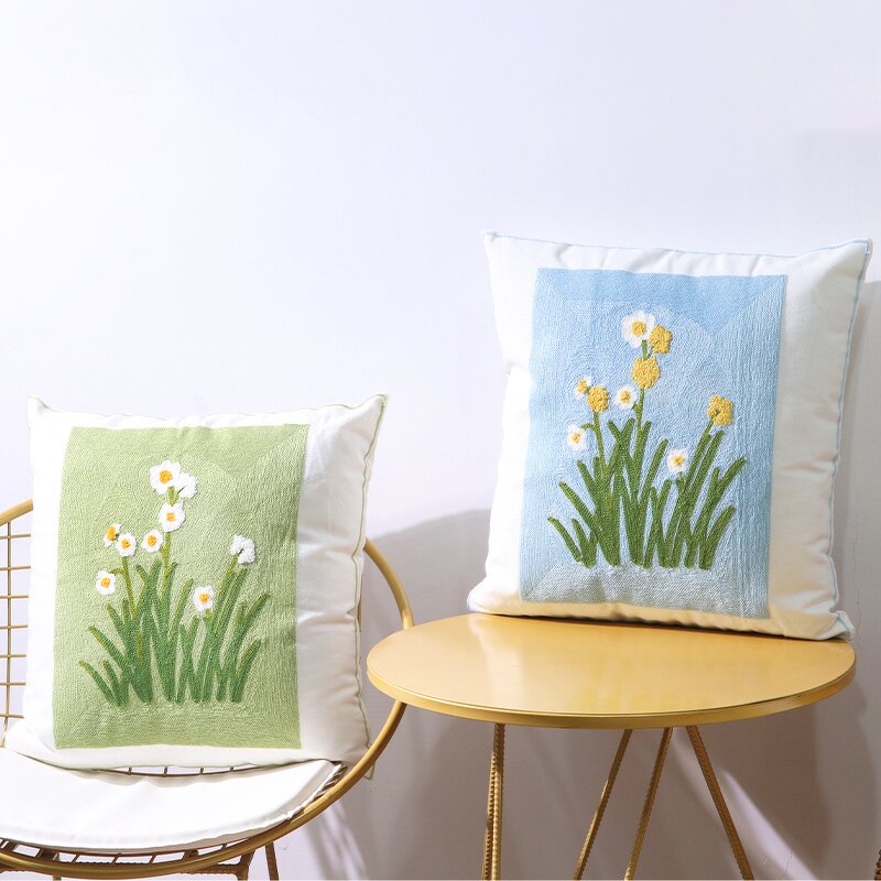 Sofa Pillow Manufacturer - Cute Pink Cotton Embroidered with Yellow Flower Fresh Countryside Style Decoration