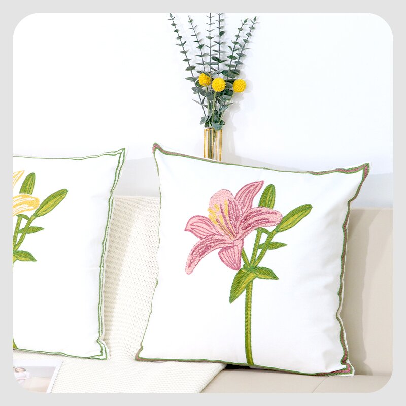 Pillow Cover Manufacturer - Cotton Green Embroidered Fresh Lily Flower Home Decoration Wholesale Customizable