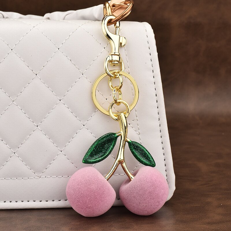 Keychain Manufacturer - Creative Plush Cherry Metal Pendant Double-Leaf Fruit Bag Ornament Flocking for Key Organizer
