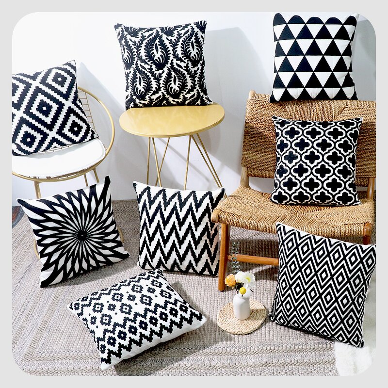Embroidery Pillow Manufacturer - Black and White Geometric Modern Minimalist Sofa Pillowcase Embroidered Headboard