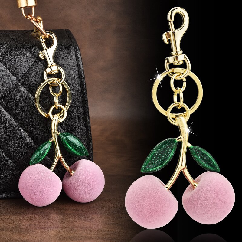 Keychain Manufacturer - Creative Plush Cherry Metal Pendant Double-Leaf Fruit Bag Ornament Flocking for Key Organizer