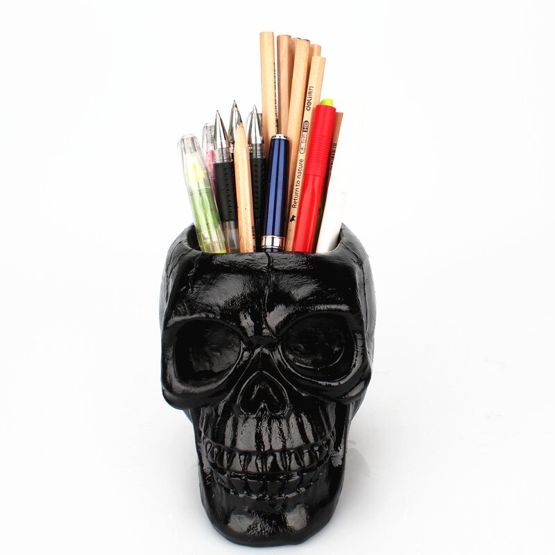 Pen Holder Manufacturer - Wholesale Resin Black Skull for Office Stationery Storage Horror Crafts Ornaments Buddhism Style