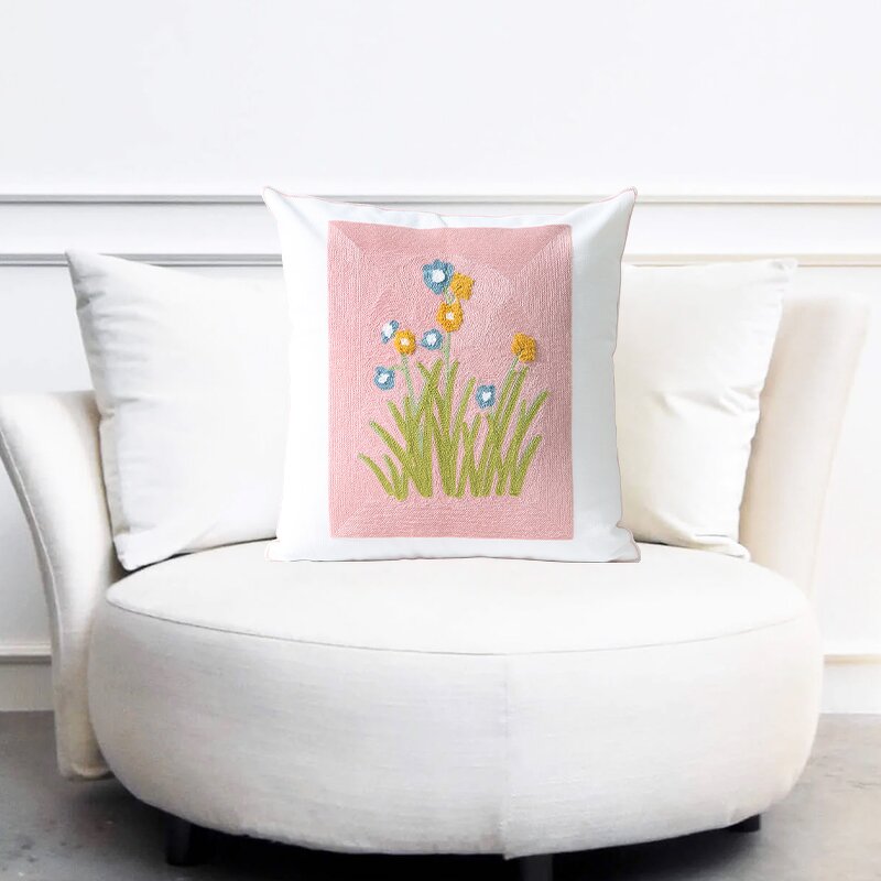 Sofa Pillow Manufacturer - Cute Pink Cotton Embroidered with Yellow Flower Fresh Countryside Style Decoration