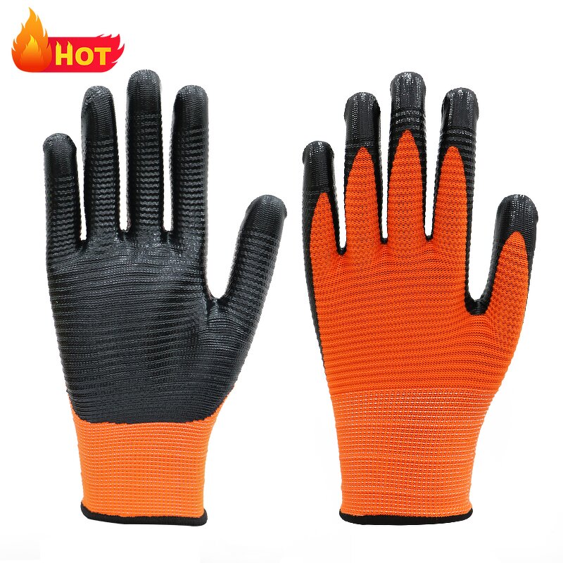 Zebra Nitrile Work Gloves Manufacturer - 13 Gauge Seamless Orange Polyester Liner U3 Guantes Safety Construction