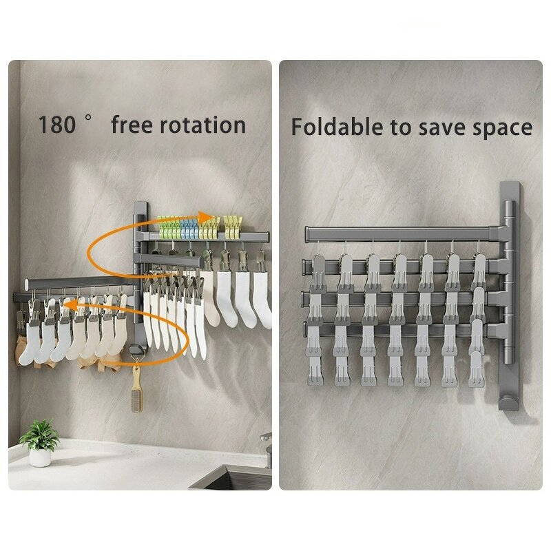 Foldable Clothes-Drying Rack Manufacturer - Multi-functional with Windproof Sock Clips Indoor Bathroom Kitchen Balcony Wall Mount