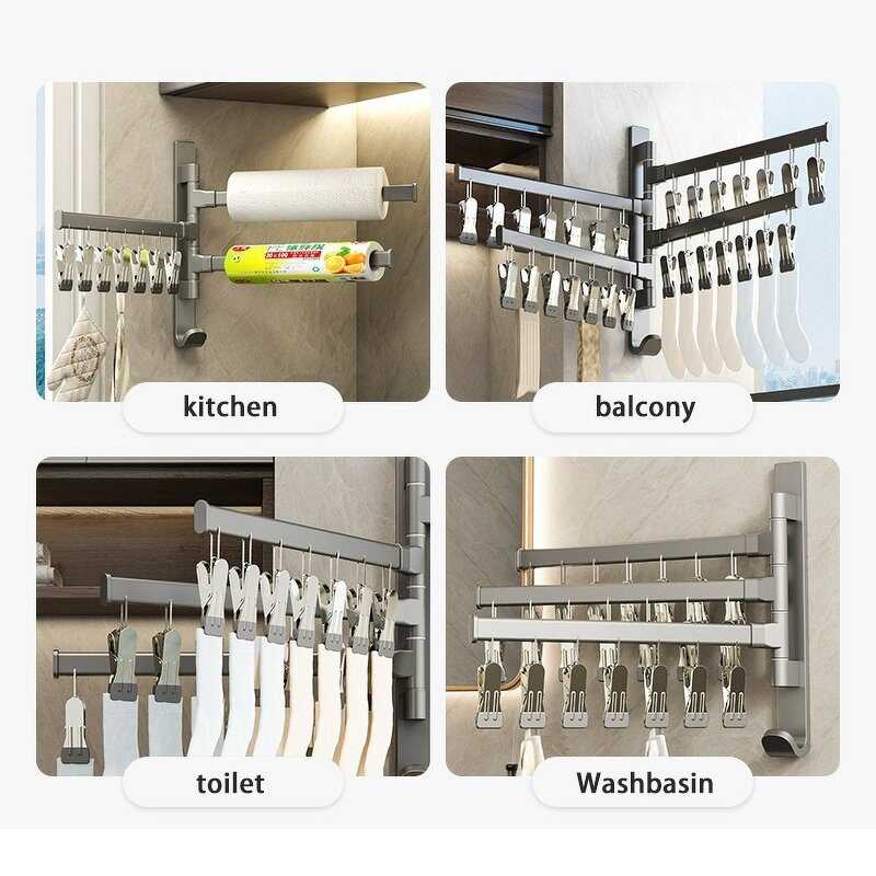Foldable Clothes-Drying Rack Manufacturer - Multi-functional with Windproof Sock Clips Indoor Bathroom Kitchen Balcony Wall Mount