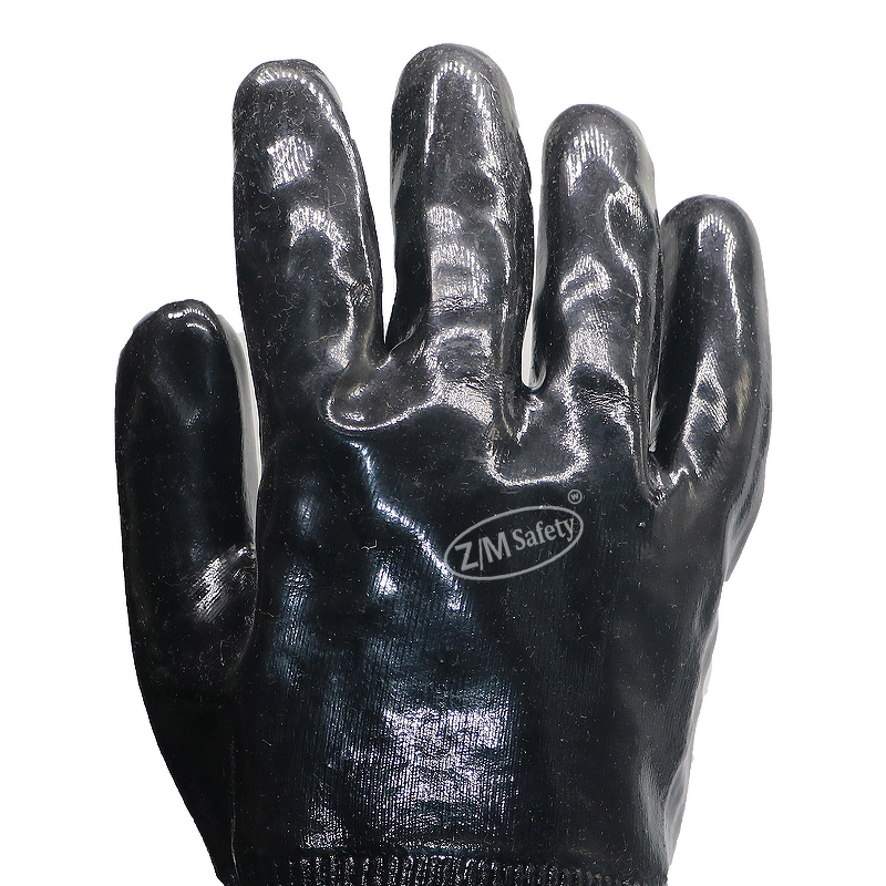 PVC Coated Work Gloves Manufacturer - Chemical Oil Resistant Oilfield Drilling Industrial Safety 10'' Black with Knitted Wrist