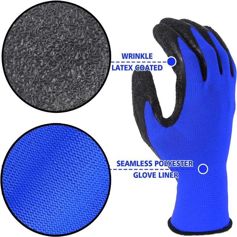 Polyester Latex Coated Work Gloves Manufacturer - 13G Blue Black Crinkle Finish Safety Personal Protective Equipment
