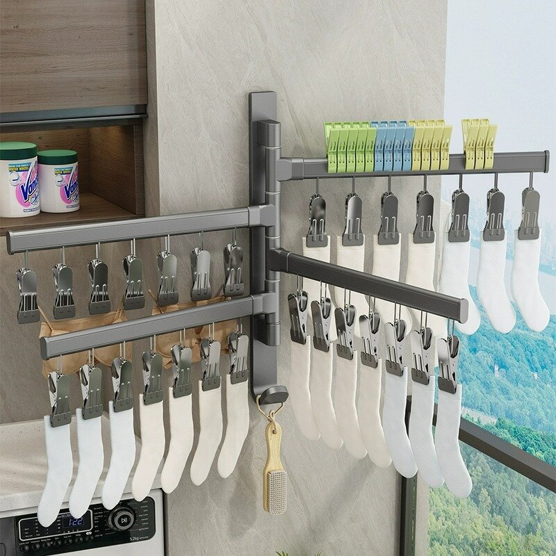 Foldable Clothes-Drying Rack Manufacturer - Multi-functional with Windproof Sock Clips Indoor Bathroom Kitchen Balcony Wall Mount