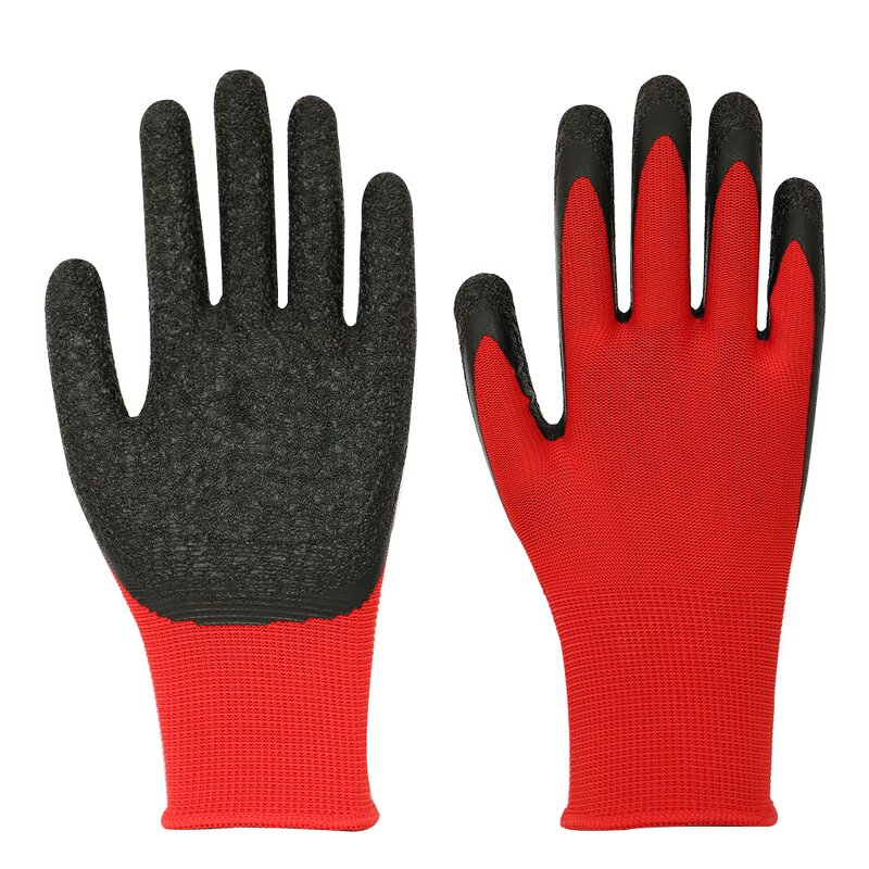 Red Polyester Shell Latex Work Gloves Manufacturer - 13G Black Crinkle Finish Custom Rubber Guantes De Trabajo