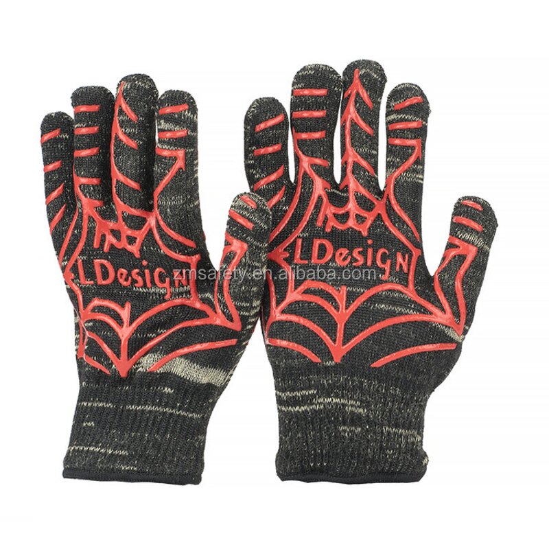 Silicone BBQ Grill Gloves Manufacturer - Custom Logo Extreme Heat Resistant Kitchen Cooking Safety Non-slip Printed Black