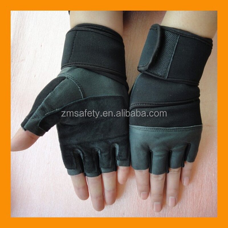 Leather Weightlifting Wrist Wrap Gloves Manufacturer - Pro Fingerless Black Real Training Fitness Gym