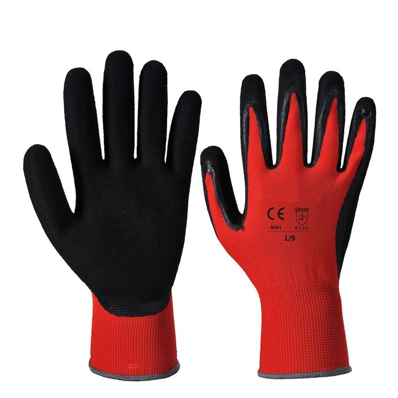 Sandy Nitrile Safety Work Glove Manufacturer - Good Grip Red Nylon Liner Black Nitrile