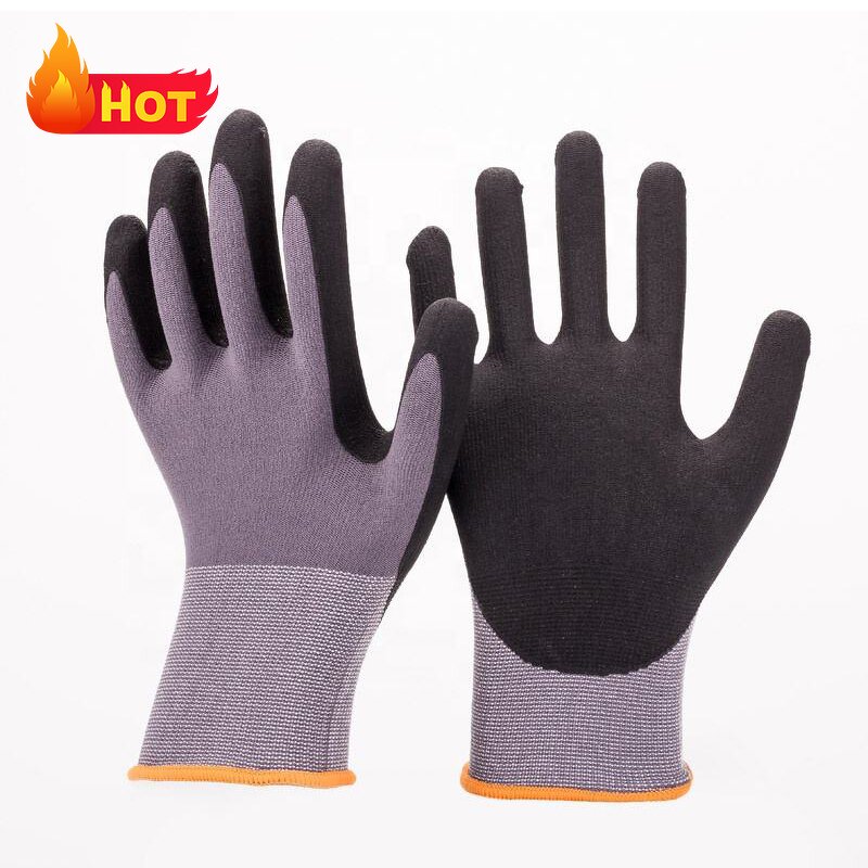 Nylon Spandex Work Safety Gloves Manufacturer - Factory Wholesale Good Flex 15G Black NBR Palm Coated Sandy Nitrile