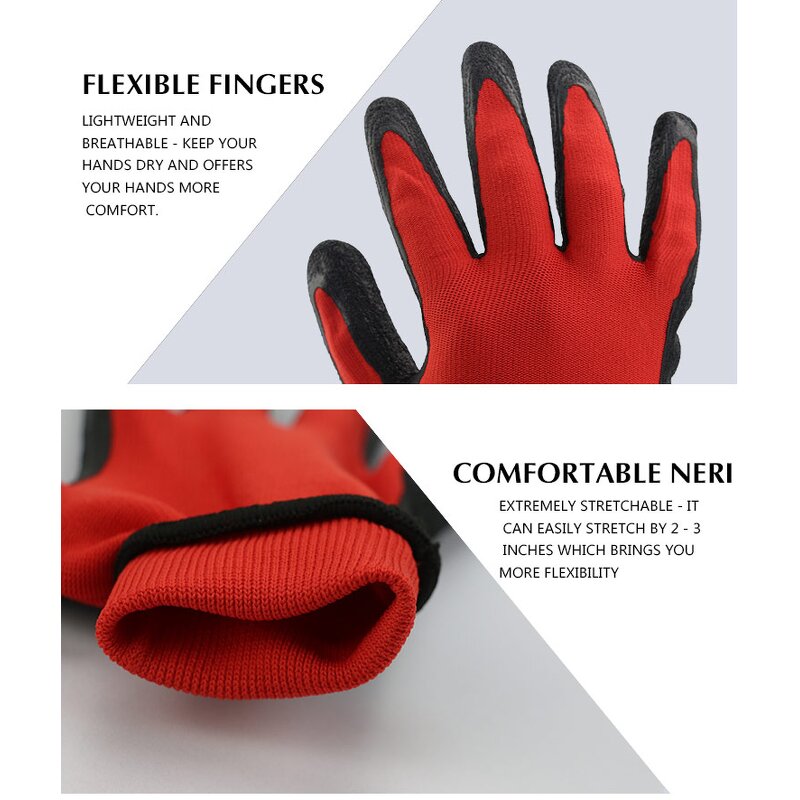 Latex Coated Construction Gloves Manufacturer - Custom Red Polyester Texture Wrinkle Black Palm Dipped for Work